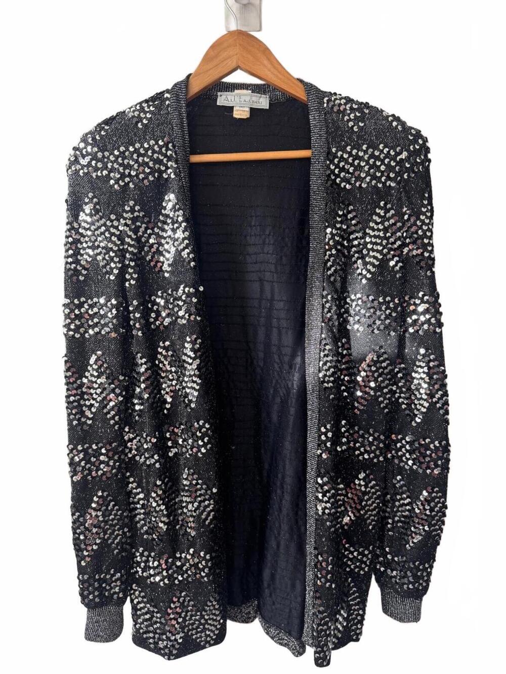 Vintage A.J. Bari Sequin Cardigan | Black Silver Diamond | Size 12 | EUC
